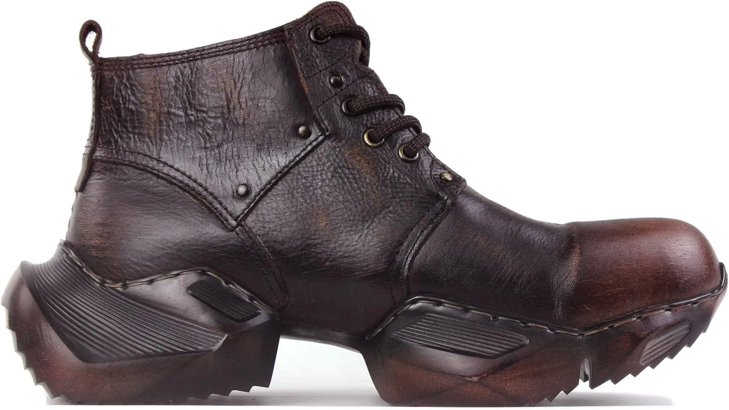 OSSTONE Vintage Moto Boots for Men Fashion lace-up Leather Retro Chukka Boots Casual Shoes OS-5008-S-1-Brown