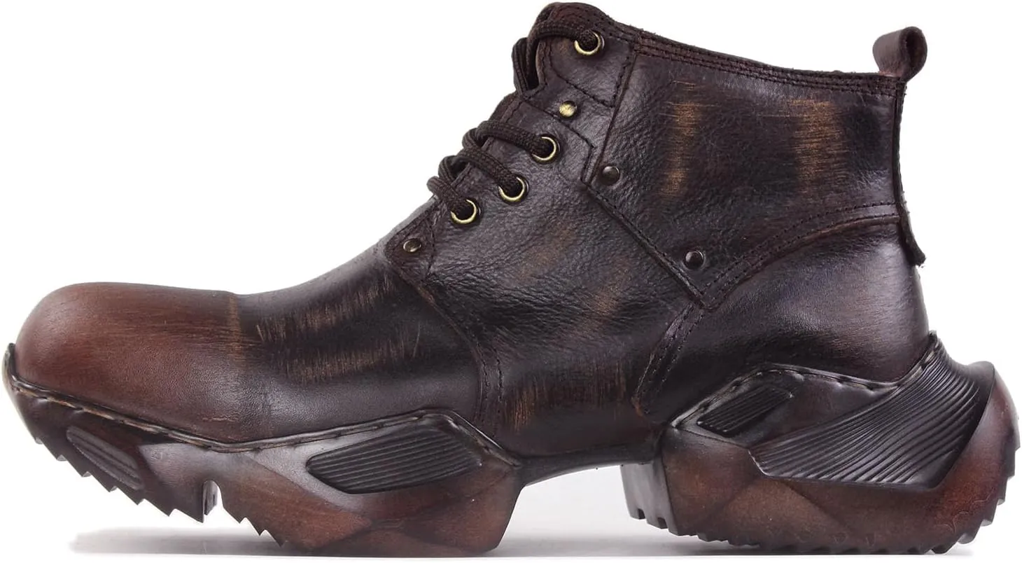 OSSTONE Vintage Moto Boots for Men Fashion lace-up Leather Retro Chukka Boots Casual Shoes OS-5008-S-1-Brown