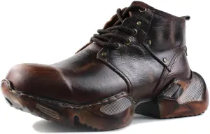 OSSTONE Vintage Moto Boots for Men Fashion lace-up Leather Retro Chukka Boots Casual Shoes OS-5008-S-1-Brown