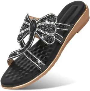 Padgene Women's Flat Sandals Boho Summer Beach Thong Flip Flop Slipper Shoes Ankle Elastic T-Strap Flower Rhinestone Beaded Bohemia Shoes