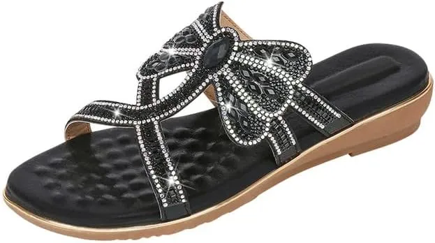 Padgene Women's Flat Sandals Boho Summer Beach Thong Flip Flop Slipper Shoes Ankle Elastic T-Strap Flower Rhinestone Beaded Bohemia Shoes