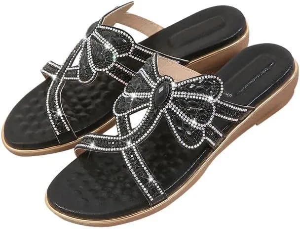 Padgene Women's Flat Sandals Boho Summer Beach Thong Flip Flop Slipper Shoes Ankle Elastic T-Strap Flower Rhinestone Beaded Bohemia Shoes