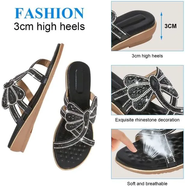 Padgene Women's Flat Sandals Boho Summer Beach Thong Flip Flop Slipper Shoes Ankle Elastic T-Strap Flower Rhinestone Beaded Bohemia Shoes