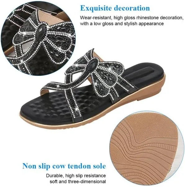 Padgene Women's Flat Sandals Boho Summer Beach Thong Flip Flop Slipper Shoes Ankle Elastic T-Strap Flower Rhinestone Beaded Bohemia Shoes