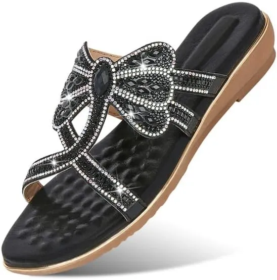 Padgene Women's Flat Sandals Boho Summer Beach Thong Flip Flop Slipper Shoes Ankle Elastic T-Strap Flower Rhinestone Beaded Bohemia Shoes
