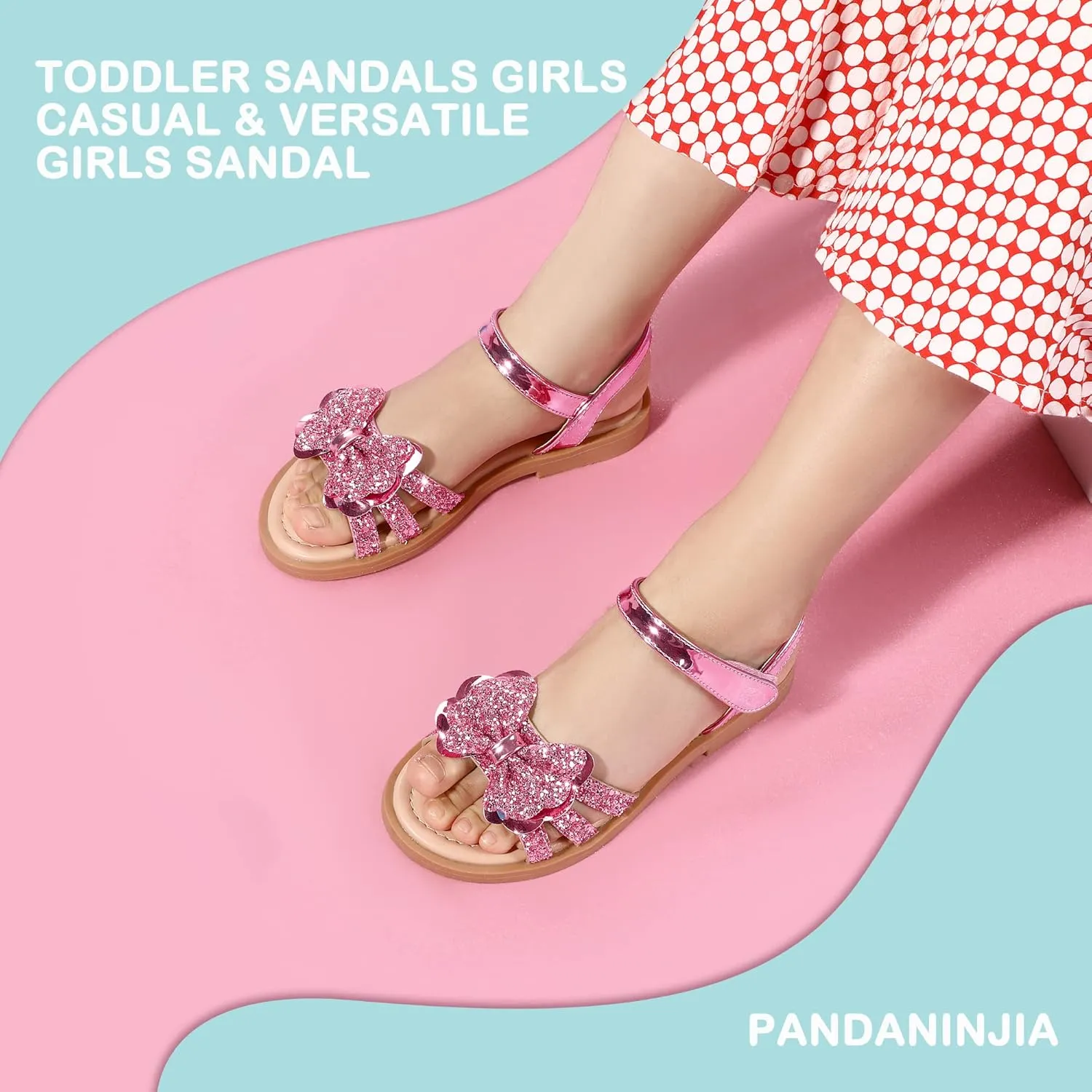 PANDANINJIA Girls Sandals, Open Toe Cute Bow Princess Girls Flats, Sparkly Summer Dress Shoes Sandals for Toddler/Little Kid/Big Kid