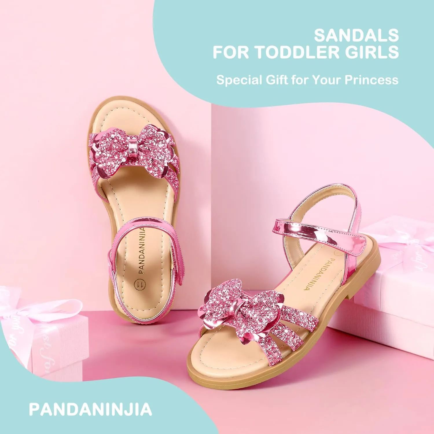PANDANINJIA Girls Sandals, Open Toe Cute Bow Princess Girls Flats, Sparkly Summer Dress Shoes Sandals for Toddler/Little Kid/Big Kid