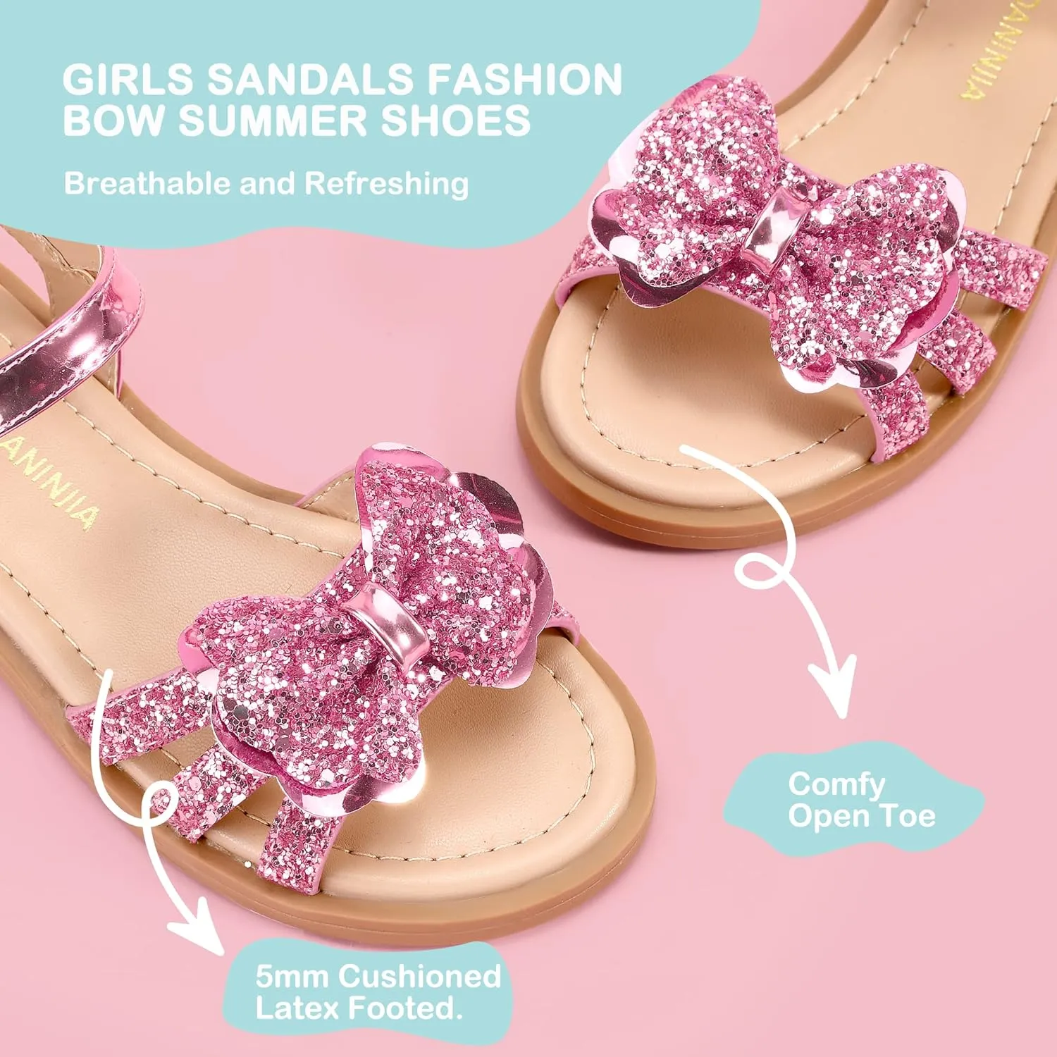 PANDANINJIA Girls Sandals, Open Toe Cute Bow Princess Girls Flats, Sparkly Summer Dress Shoes Sandals for Toddler/Little Kid/Big Kid