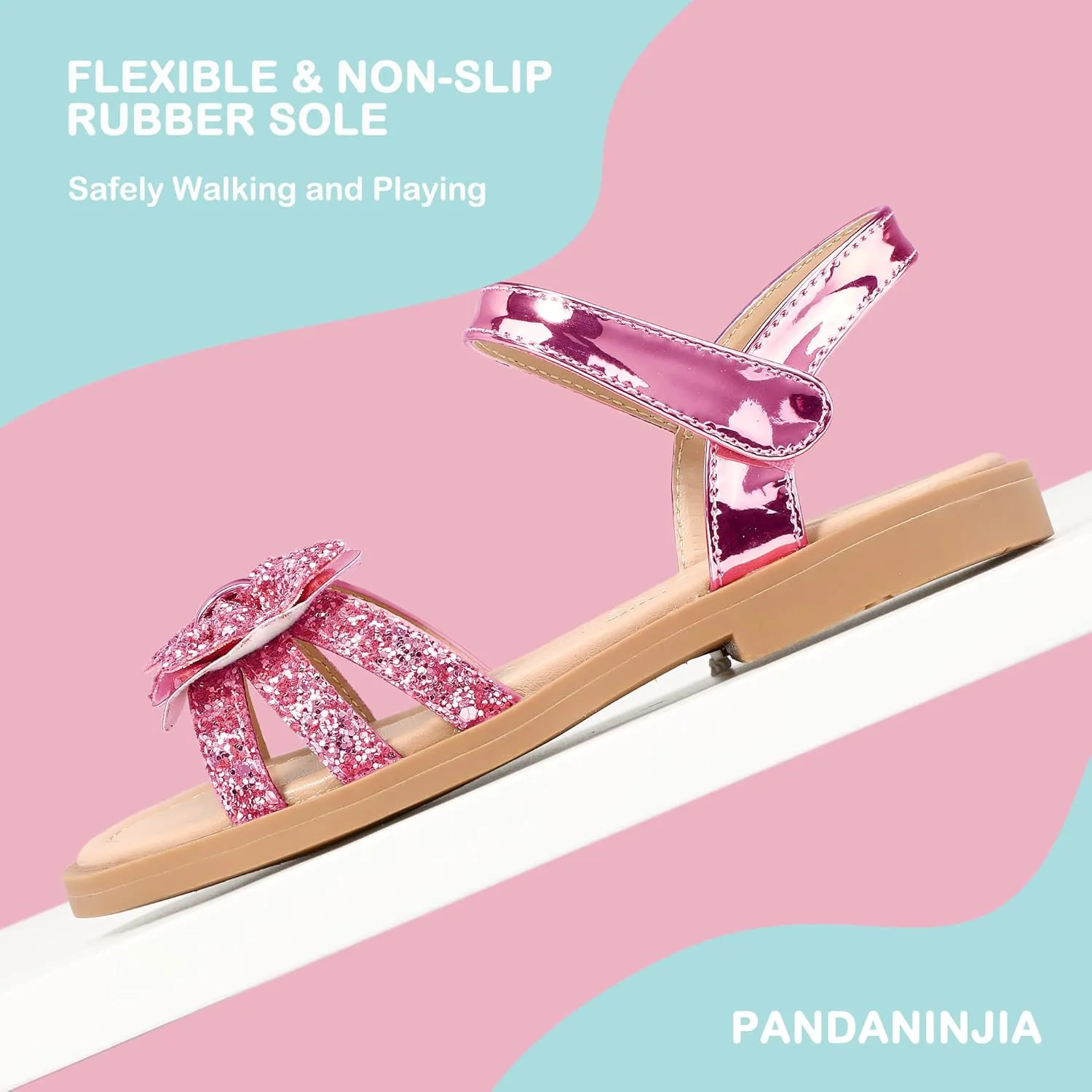 PANDANINJIA Girls Sandals, Open Toe Cute Bow Princess Girls Flats, Sparkly Summer Dress Shoes Sandals for Toddler/Little Kid/Big Kid