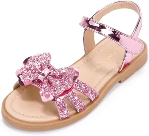 PANDANINJIA Girls Sandals, Open Toe Cute Bow Princess Girls Flats, Sparkly Summer Dress Shoes Sandals for Toddler/Little Kid/Big Kid
