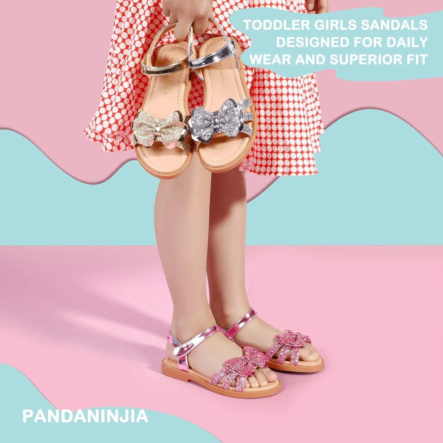 PANDANINJIA Girls Sandals, Open Toe Cute Bow Princess Girls Flats, Sparkly Summer Dress Shoes Sandals for Toddler/Little Kid/Big Kid