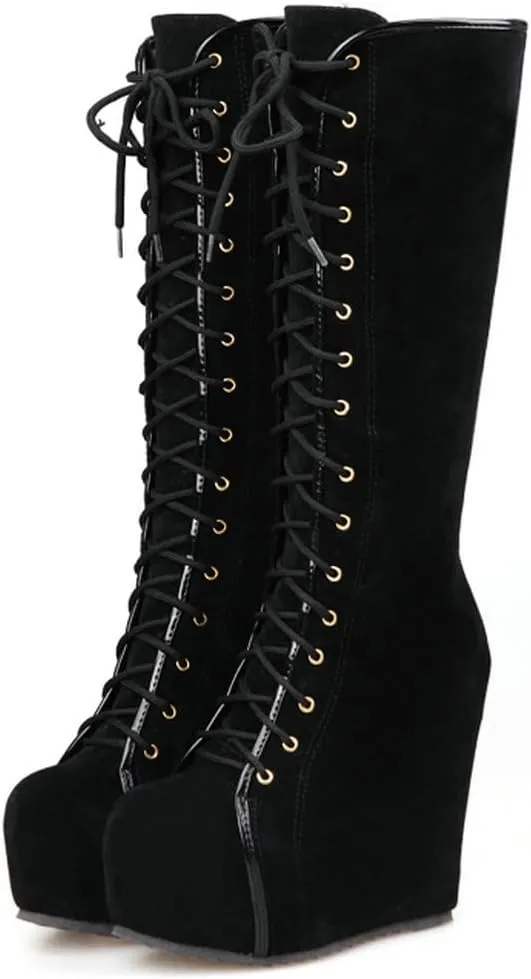 Parisuit Women's Knee High Goth Platform Buckle Boots Chunky High Heel Lace Up Punk Combat Boots with Chain