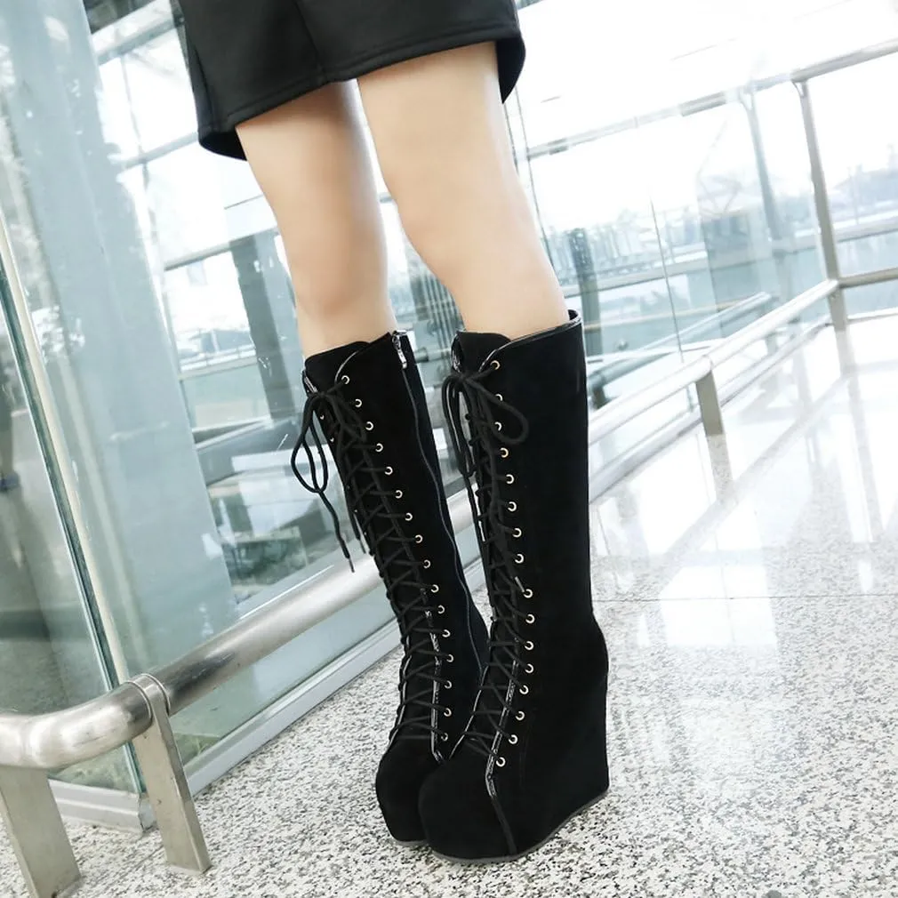 Parisuit Women's Knee High Goth Platform Buckle Boots Chunky High Heel Lace Up Punk Combat Boots with Chain