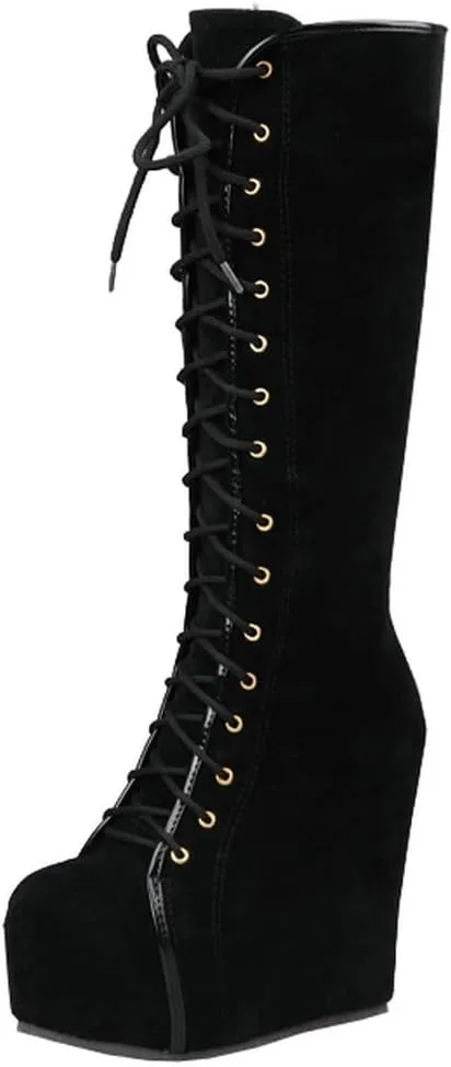 Parisuit Women's Knee High Goth Platform Buckle Boots Chunky High Heel Lace Up Punk Combat Boots with Chain