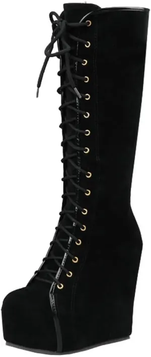 Parisuit Women's Knee High Goth Platform Buckle Boots Chunky High Heel Lace Up Punk Combat Boots with Chain
