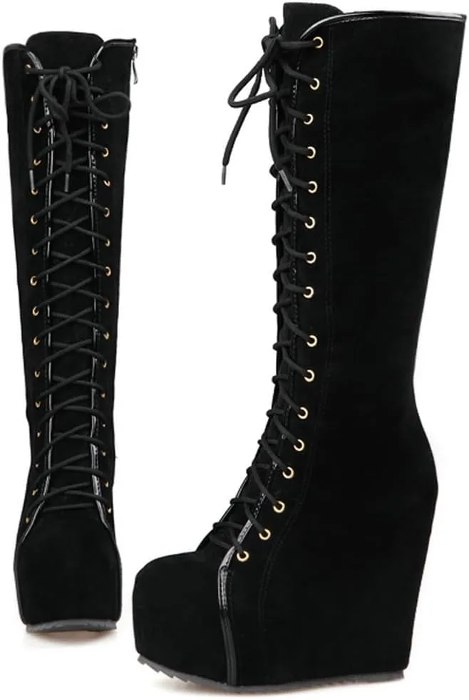 Parisuit Women's Knee High Goth Platform Buckle Boots Chunky High Heel Lace Up Punk Combat Boots with Chain