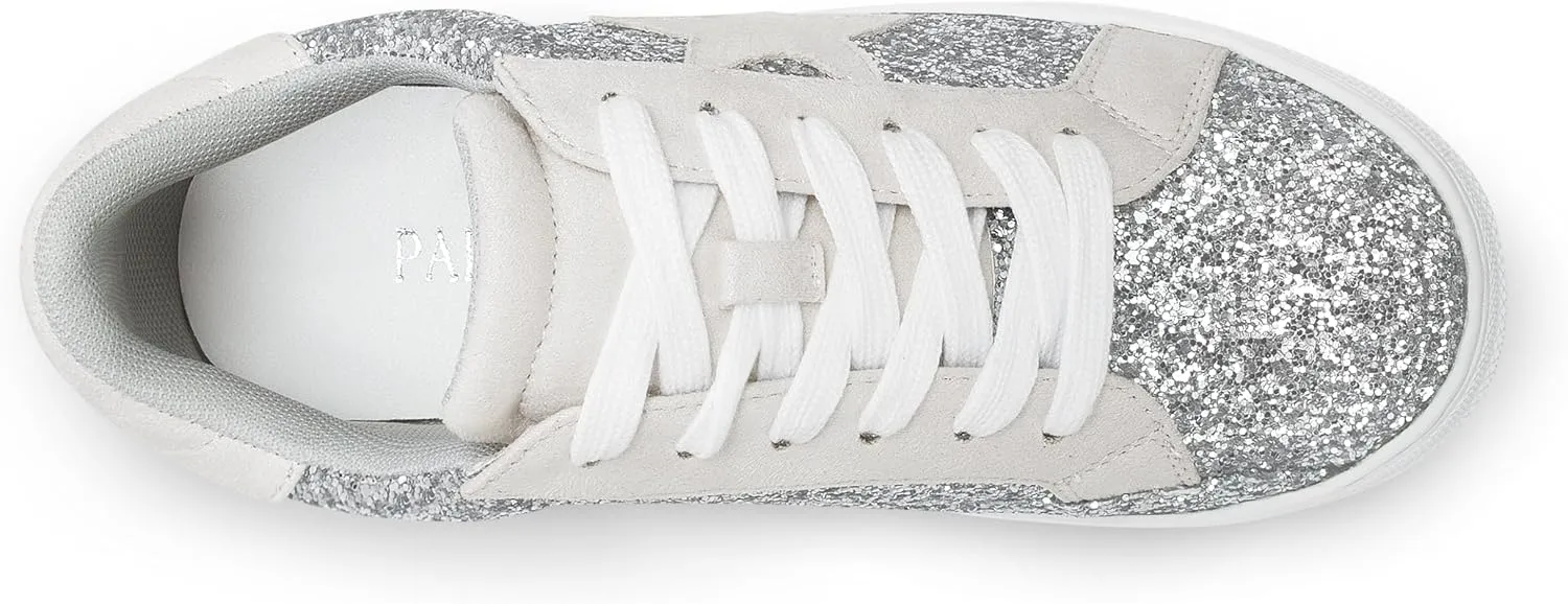 PARTY Women's Glitter Fashion Star Sneakers Low Top Platform Lace Up Comfortable Wedding Walking Shoes