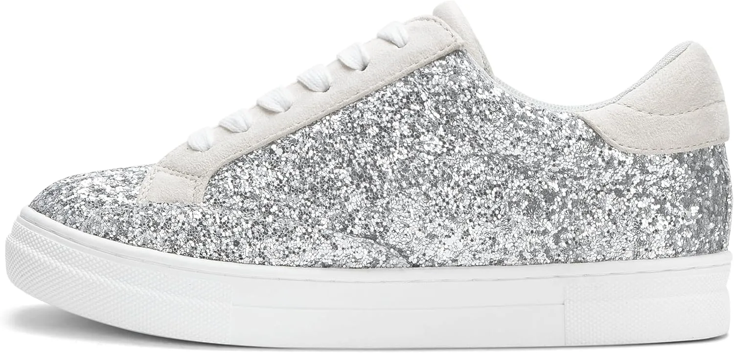 PARTY Women's Glitter Fashion Star Sneakers Low Top Platform Lace Up Comfortable Wedding Walking Shoes