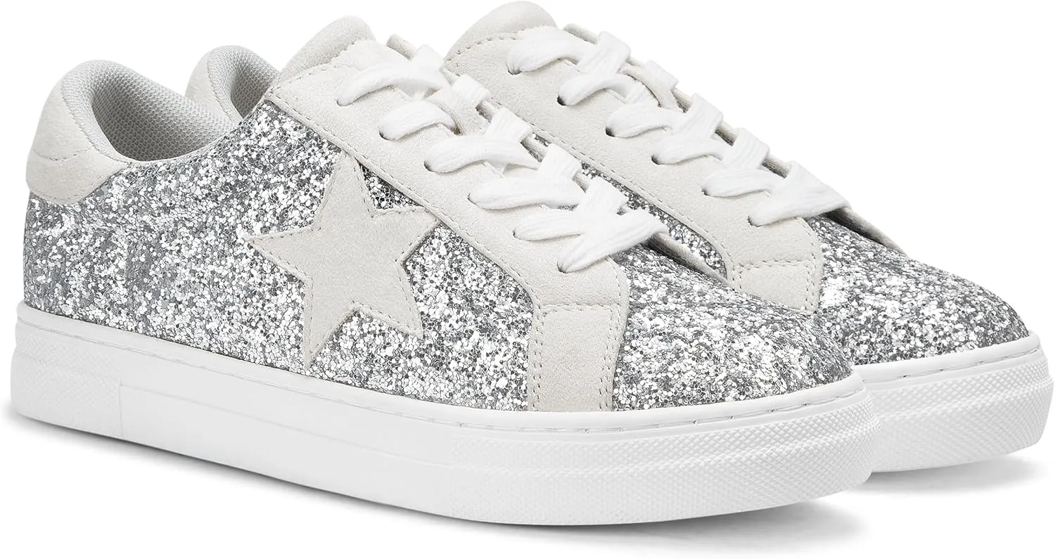 PARTY Women's Glitter Fashion Star Sneakers Low Top Platform Lace Up Comfortable Wedding Walking Shoes