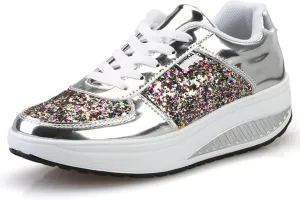 pearlzone Women's Fashion Casual Breathable Crystal Bling Lace Up Sport Shoes,Sparkly Sequin Lightweight Non Slip Comfort Sneakers