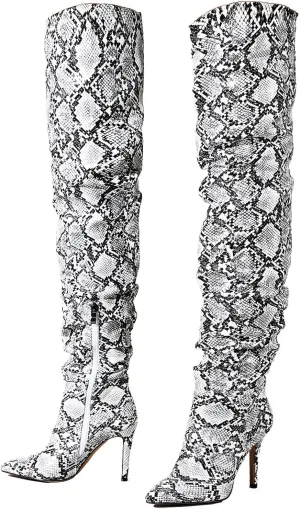 perixir Snakeskin Boots Knee High Boots Women Sexy Stunning and Stylish Exquisite Pointed Toe Fine High Heels Pleated