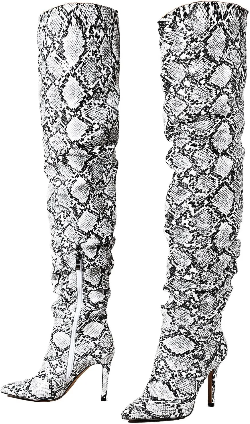 perixir Snakeskin Boots Knee High Boots Women Sexy Stunning and Stylish Exquisite Pointed Toe Fine High Heels Pleated