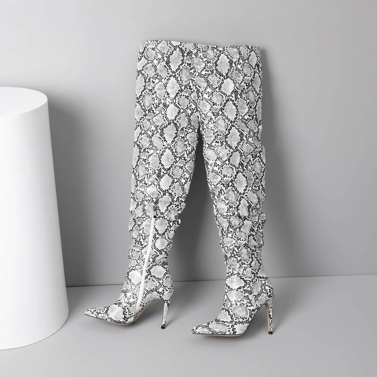 perixir Snakeskin Boots Knee High Boots Women Sexy Stunning and Stylish Exquisite Pointed Toe Fine High Heels Pleated
