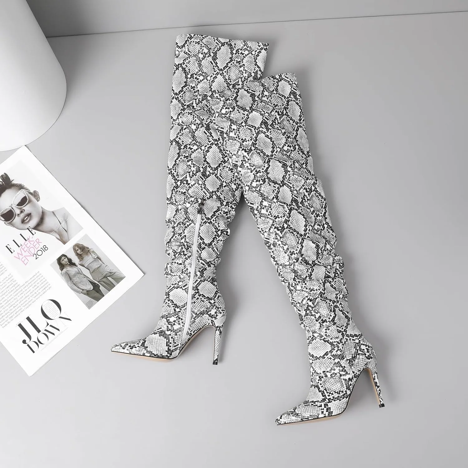 perixir Snakeskin Boots Knee High Boots Women Sexy Stunning and Stylish Exquisite Pointed Toe Fine High Heels Pleated
