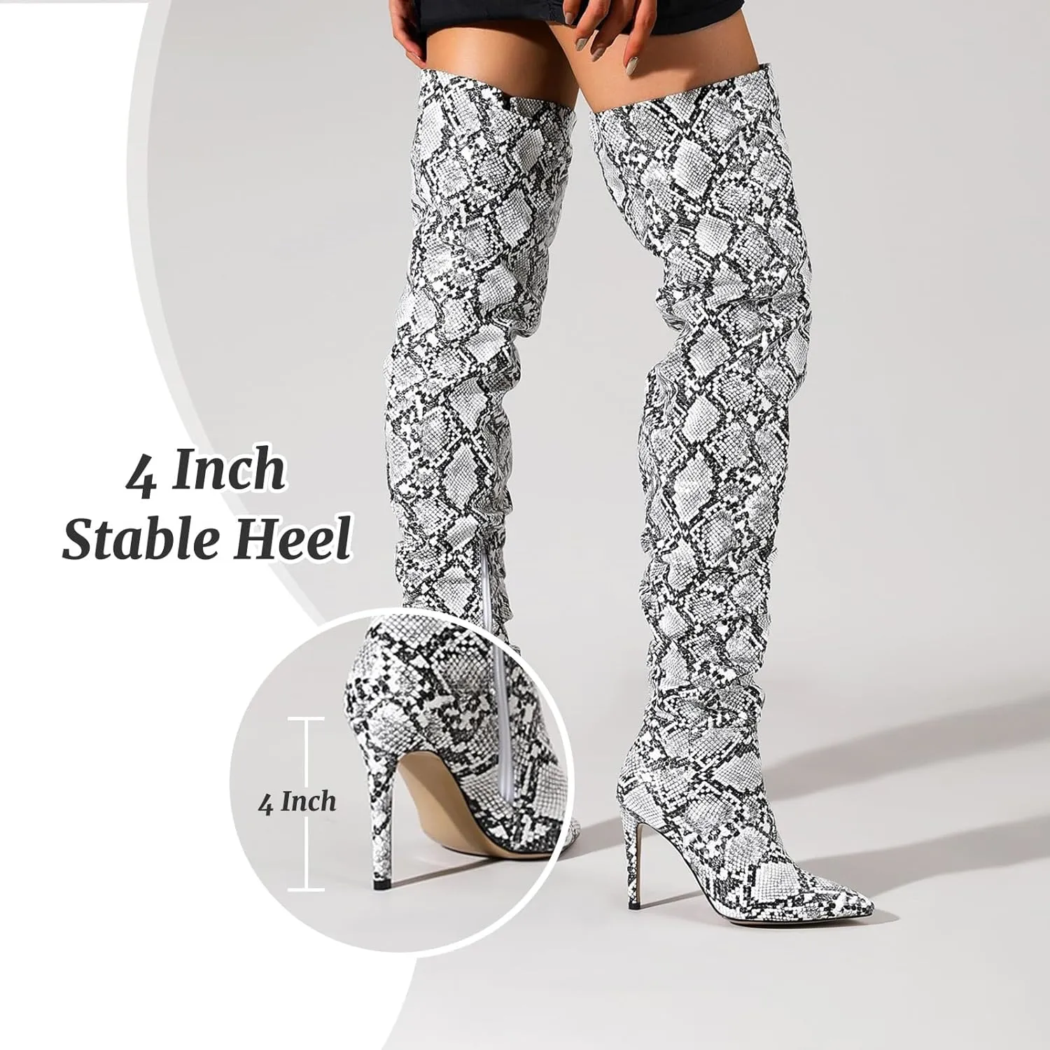 perixir Snakeskin Boots Knee High Boots Women Sexy Stunning and Stylish Exquisite Pointed Toe Fine High Heels Pleated