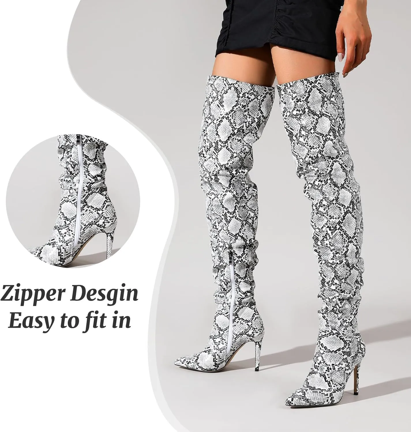 perixir Snakeskin Boots Knee High Boots Women Sexy Stunning and Stylish Exquisite Pointed Toe Fine High Heels Pleated
