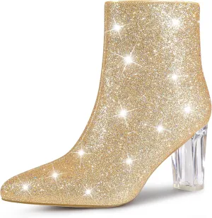 Perphy Clear Heel Sparkly Glitter Block Heels Ankle Boots for Women