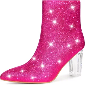 Perphy Clear Heel Sparkly Glitter Block Heels Ankle Boots for Women