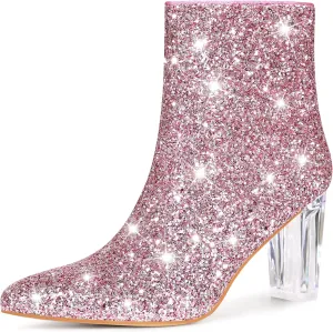 Perphy Clear Heel Sparkly Glitter Block Heels Ankle Boots for Women