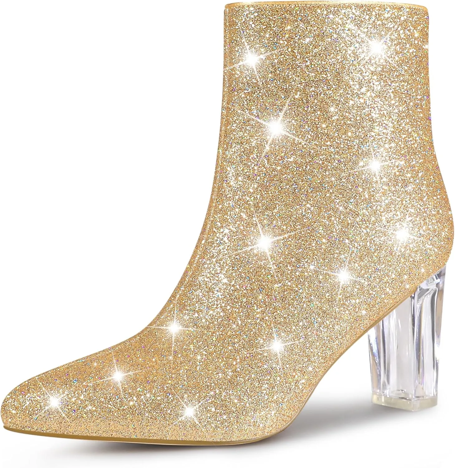 Perphy Clear Heel Sparkly Glitter Block Heels Ankle Boots for Women