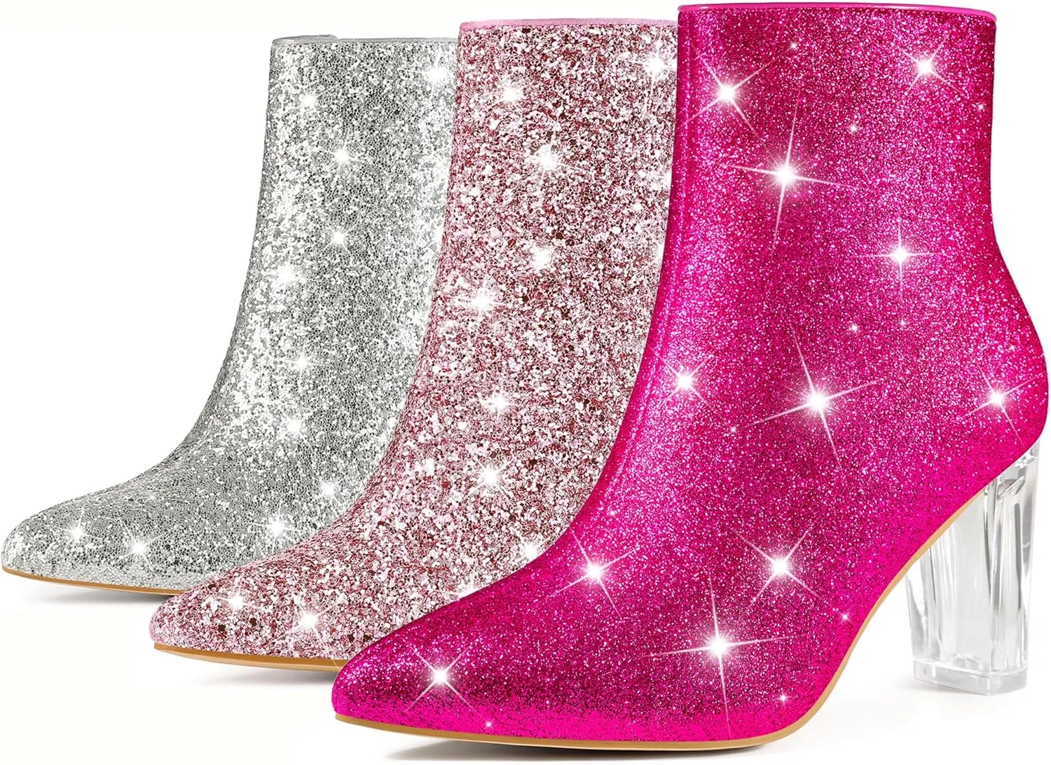 Perphy Clear Heel Sparkly Glitter Block Heels Ankle Boots for Women