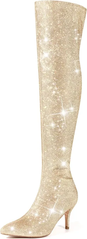 Perphy Glitter Thigh High Boot Stiletto Heels Over the Knee Boots for Women