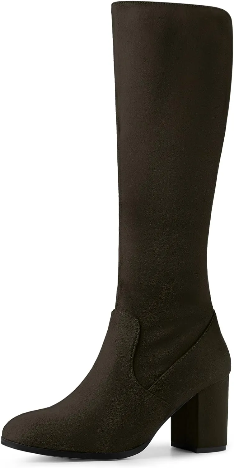 Perphy Round Toe Chunky Heels Knee High Boots for Women