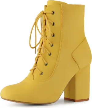 Perphy Round Toe Chunky High Heel Lace Up Ankle Boots for Women