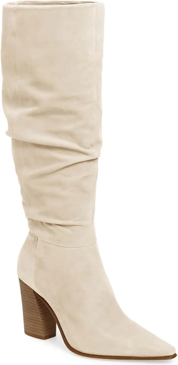PiePieBuy Womens Faux Suede Knee High Boots Pointed Toe High Chunky Heel Side Zipper Party Dress Booties