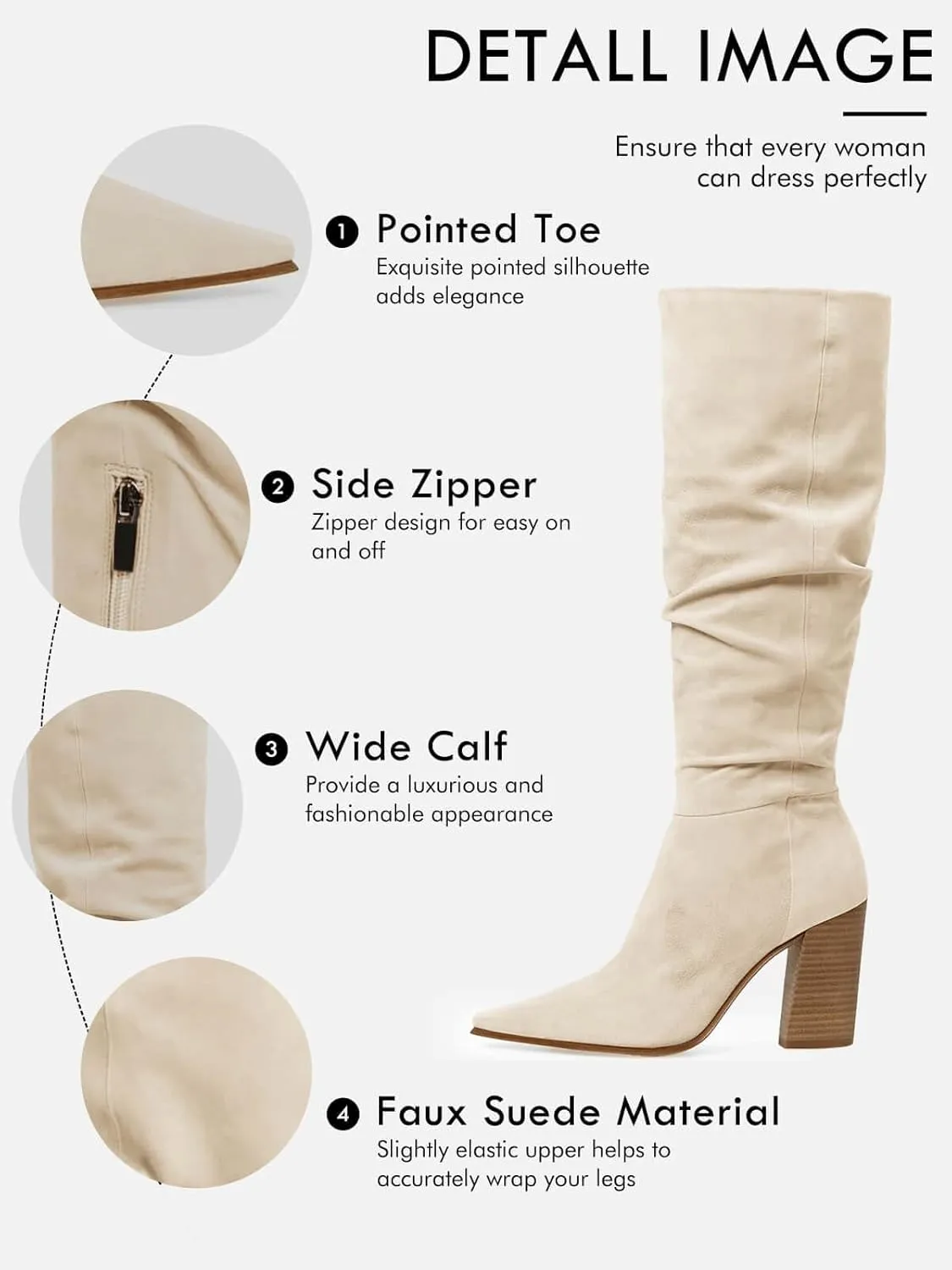PiePieBuy Womens Faux Suede Knee High Boots Pointed Toe High Chunky Heel Side Zipper Party Dress Booties