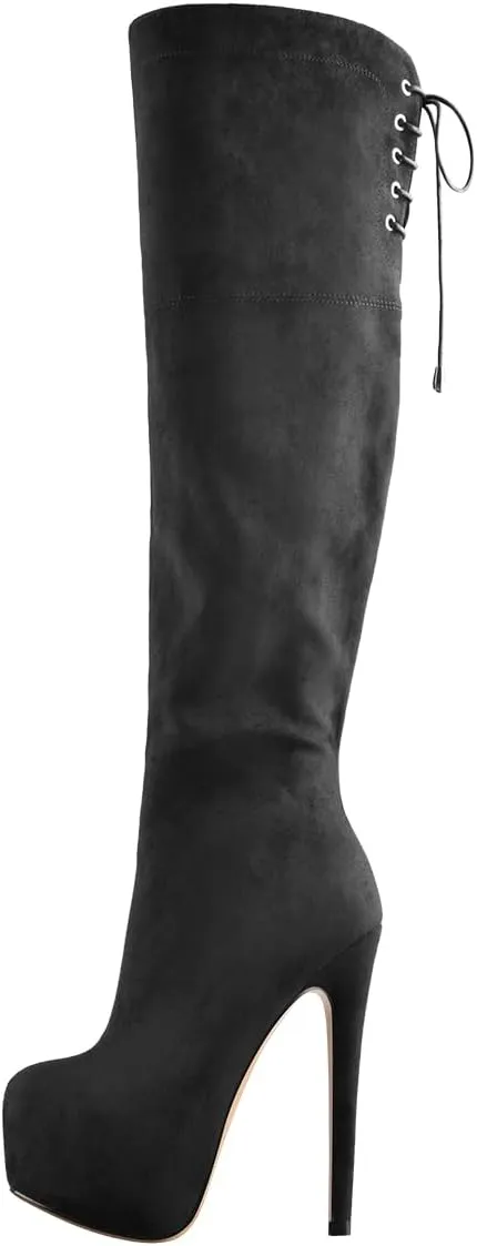 Platform High Heels Thigh High Boots Over The Knee High Boots Stiletto High Heels Back Lace-up Side Zipper
