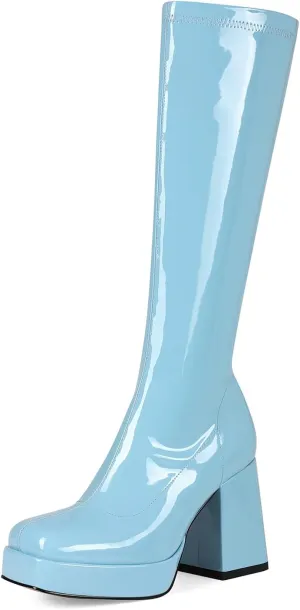 Platform Knee High Boots for Women Block Chunky High Heel Boot Square Toe Long Boots Women’s Elastic Stretchy Boots