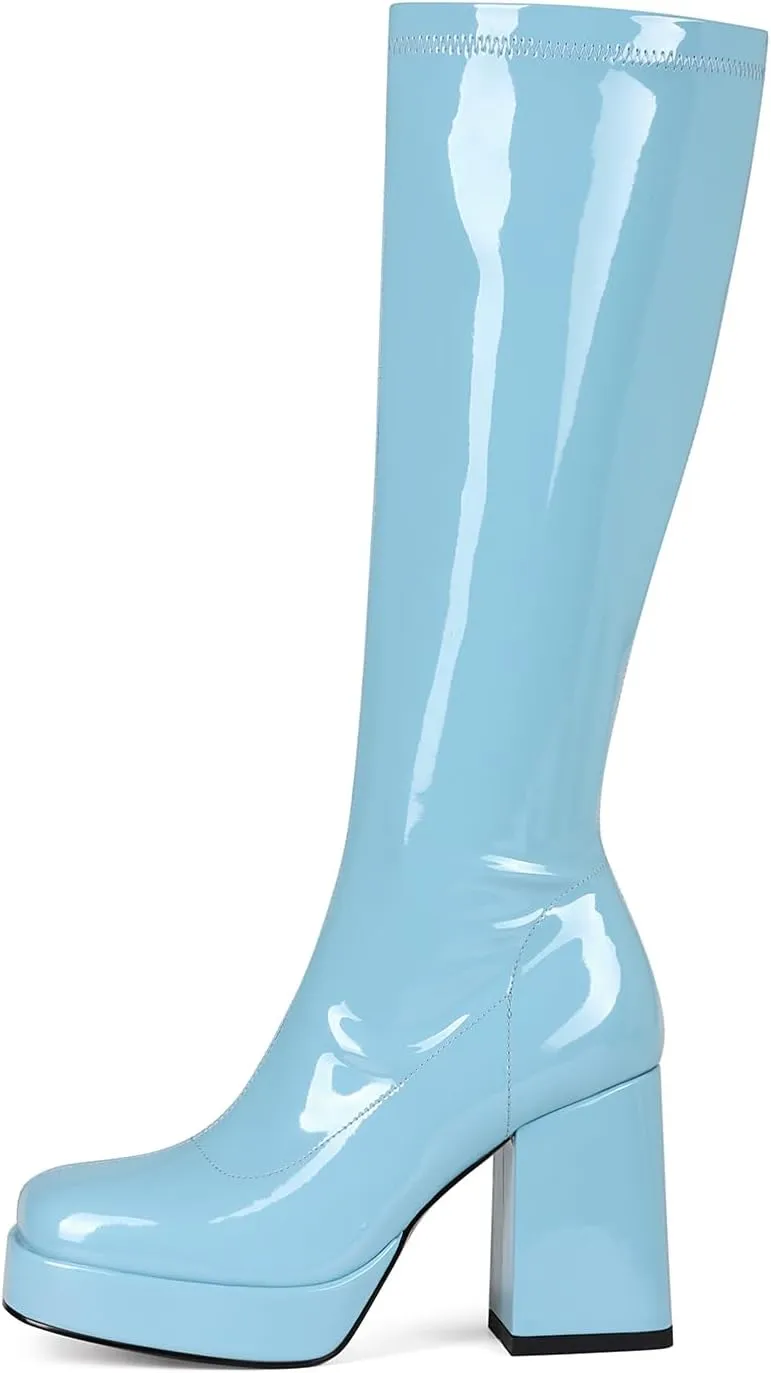 Platform Knee High Boots for Women Block Chunky High Heel Boot Square Toe Long Boots Women’s Elastic Stretchy Boots