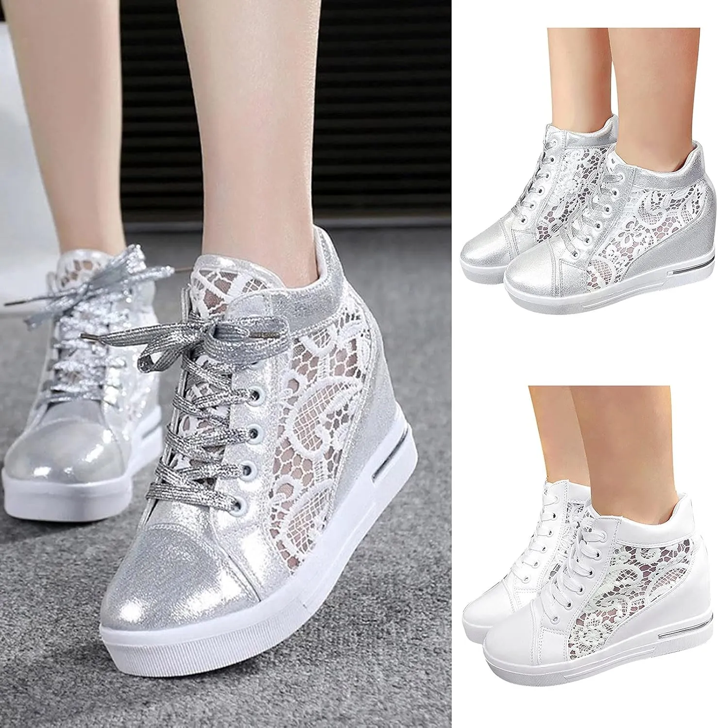 Platform Sneakers for Women Fashion Hidden Heels Sneakers Lace Crochet Lace Up Chunky Bottom High Heels High Top Canvas Shoes Comfortable Tennis Walking Shoe Casual