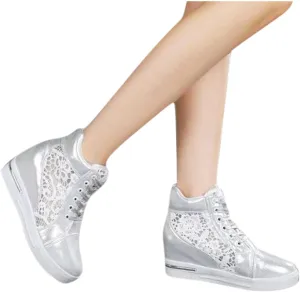 Platform Sneakers for Women Fashion Hidden Heels Sneakers Lace Crochet Lace Up Chunky Bottom High Heels High Top Canvas Shoes Comfortable Tennis Walking Shoe Casual