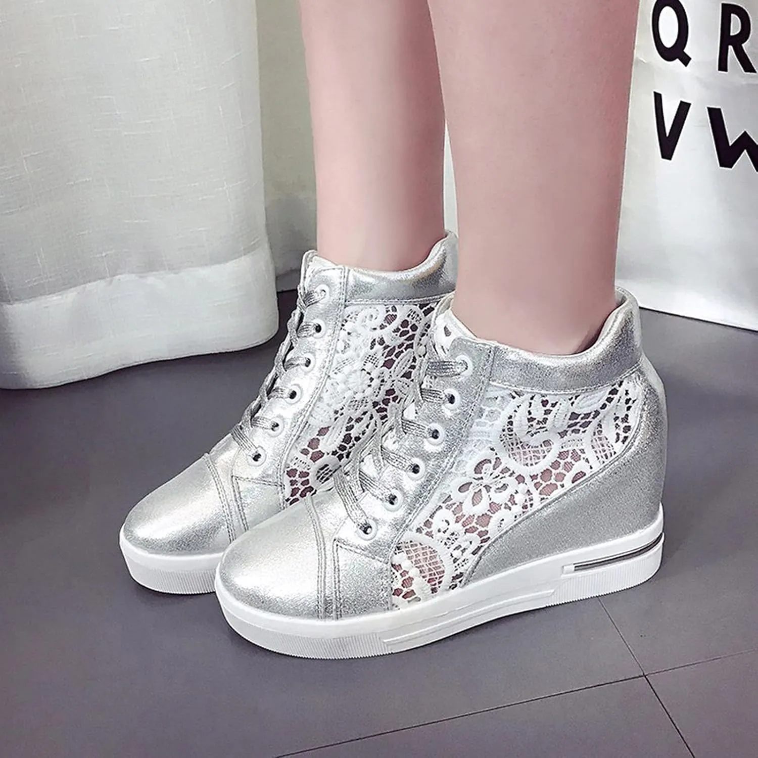 Platform Sneakers for Women Fashion Hidden Heels Sneakers Lace Crochet Lace Up Chunky Bottom High Heels High Top Canvas Shoes Comfortable Tennis Walking Shoe Casual