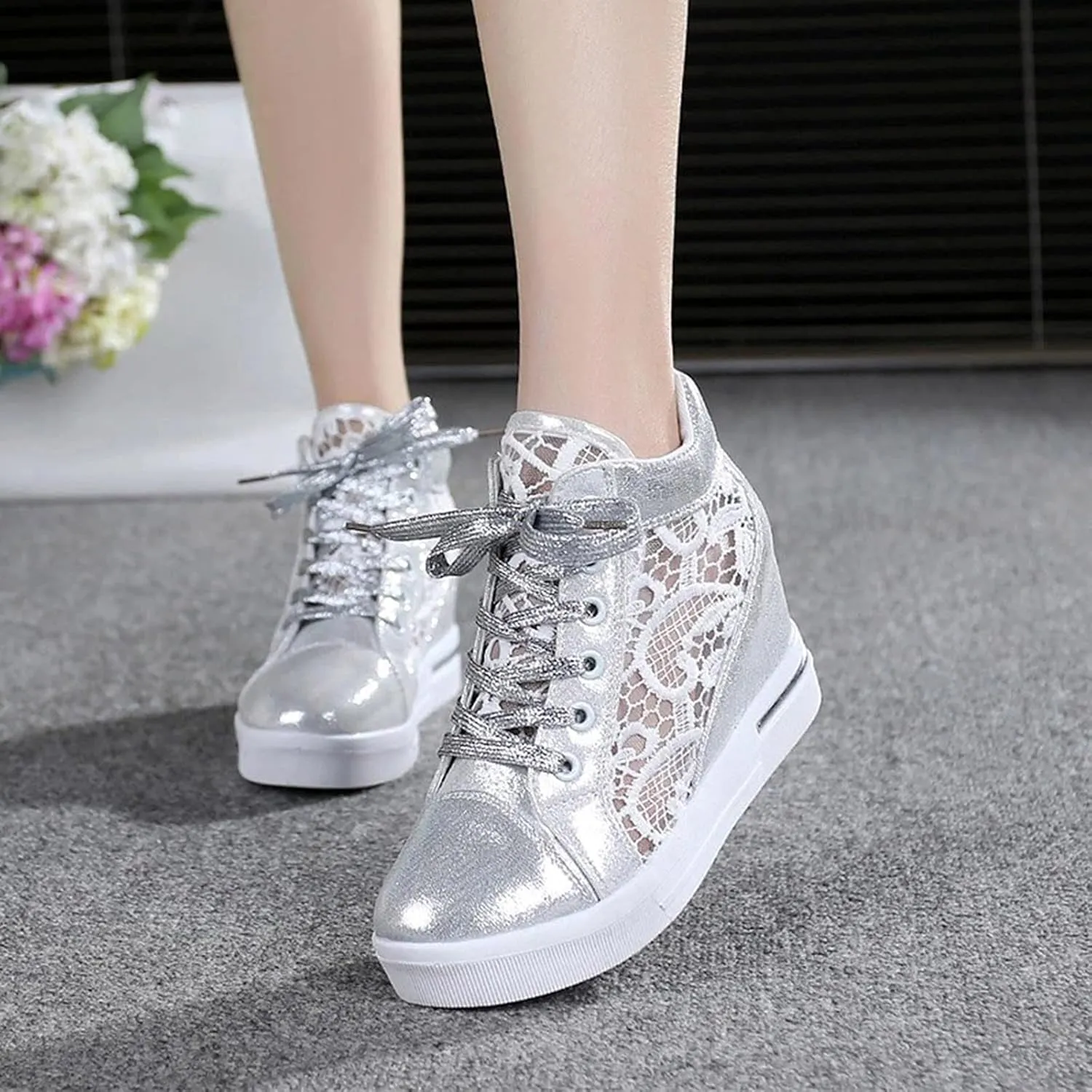 Platform Sneakers for Women Fashion Hidden Heels Sneakers Lace Crochet Lace Up Chunky Bottom High Heels High Top Canvas Shoes Comfortable Tennis Walking Shoe Casual