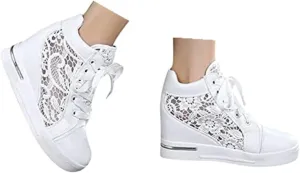 Platform Sneakers for Women Fashion Hidden Heels Sneakers Lace Crochet Lace Up Chunky Bottom High Heels High Top Canvas Shoes Comfortable Tennis Walking Shoe Casual