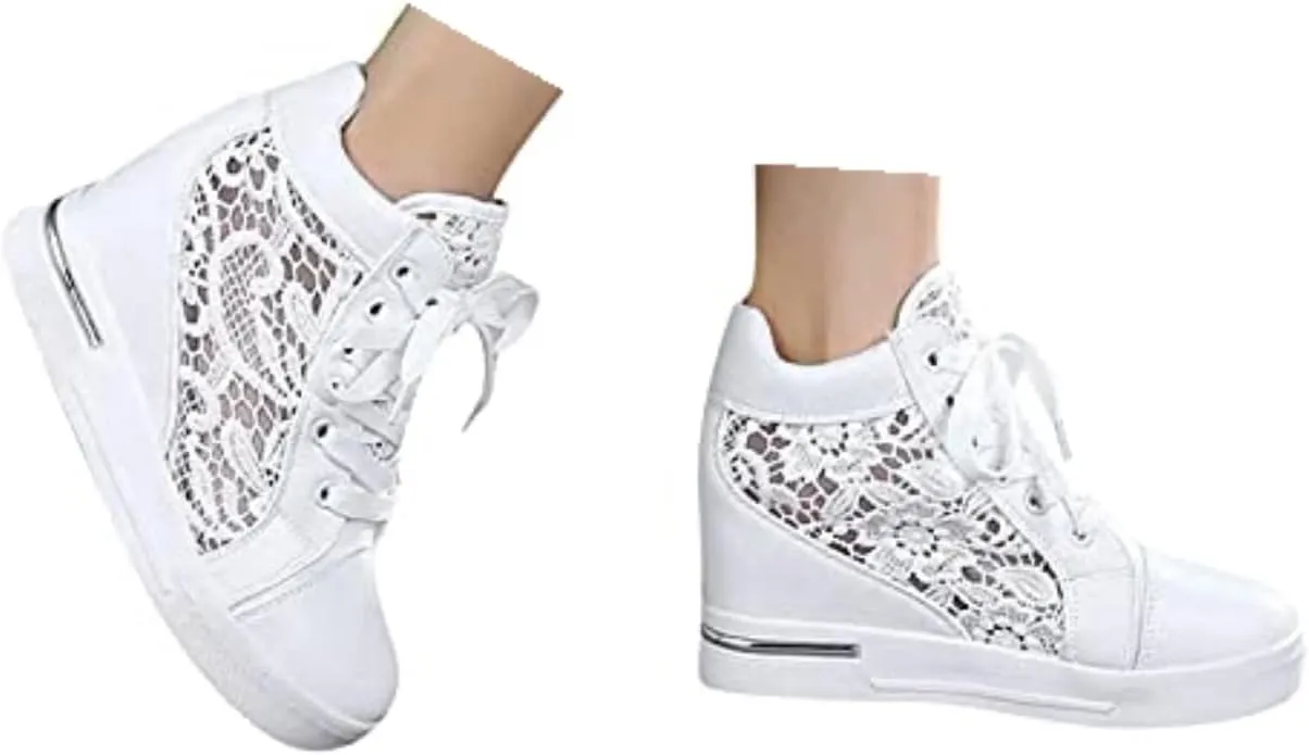 Platform Sneakers for Women Fashion Hidden Heels Sneakers Lace Crochet Lace Up Chunky Bottom High Heels High Top Canvas Shoes Comfortable Tennis Walking Shoe Casual