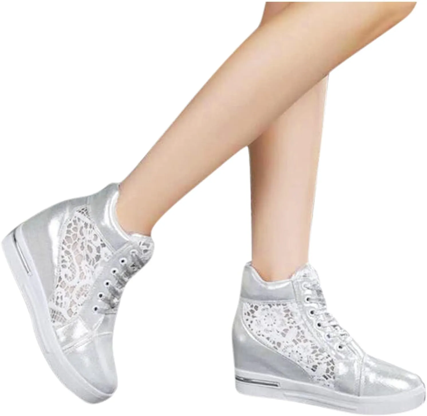 Platform Sneakers for Women Fashion Hidden Heels Sneakers Lace Crochet Lace Up Chunky Bottom High Heels High Top Canvas Shoes Comfortable Tennis Walking Shoe Casual